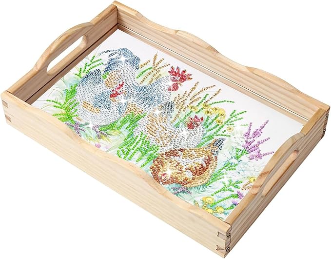 DIY Diamond Art Wooden Tray Kit, Food Tray with Handle Diamond Painted Table Decoration Tray, for Breakfast, Bar Dinner Table Diamond Dots Gem Painting Art Set for Beginners-#25-Chicken