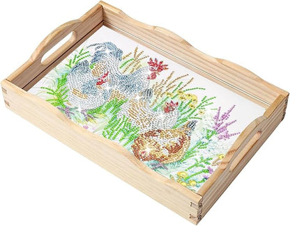 DIY Diamond Art Wooden Tray Kit, Food Tray with Handle Diamond Painted Table Decoration Tray, for Breakfast, Bar Dinner Table Diamond Dots Gem Painting Art Set for Beginners-#25-Chicken