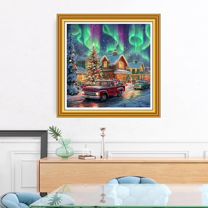 Foxhool Stamped Cross Stitch Kits,11CT Printed Cross Stitch Pattern Full Embroidery Kits for Beginner Needlepoint Kits&Christmas Northern Lights 18x18 inch