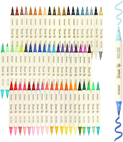 Grabie 120 Colors Dual Tone Brush Tip Acrylic Markers, Dual-Color Paint Markers with 60 Brush Tips, Double Tipped Acrylic Paint Pens for Fabric, Canvas,DIY, Canvas Art Supplies, Set of 60