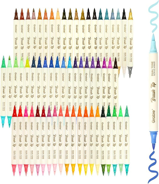 Grabie 120 Colors Dual Tone Brush Tip Acrylic Markers, Dual-Color Paint Markers with 60 Brush Tips, Double Tipped Acrylic Paint Pens for Fabric, Canvas,DIY, Canvas Art Supplies, Set of 60