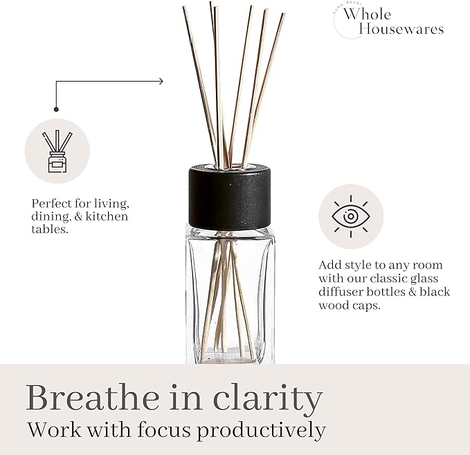 WHOLE HOUSEWARES Natural Diffuser Reeds Bottles Sticks | Clear Glass Home Décor for Kitchen and Living Room | Black Wood Caps | Décorative Fragrance Set with Long Lasting Aroma - Set of 4