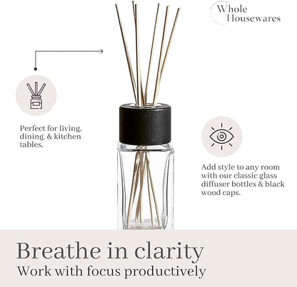 WHOLE HOUSEWARES Natural Diffuser Reeds Bottles Sticks | Clear Glass Home Décor for Kitchen and Living Room | Black Wood Caps | Décorative Fragrance Set with Long Lasting Aroma - Set of 4