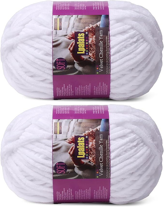 Chunky Chenille Yarn for Crocheting - 2x200g Baby Blanket Yarn for Crocheting Soft - 350 Yards Fluffy Thick Plush Yarns for Knitting Blankets Amigurumi (2, White)