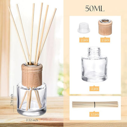 Roshtia 2 Set Reed Diffuser Bottle Empty Refillable Fragrance Glass Diffuser Bottles Set with Wooden Caps Sticks 50ml 1.7 oz Round Glass Jars for DIY Fragrance