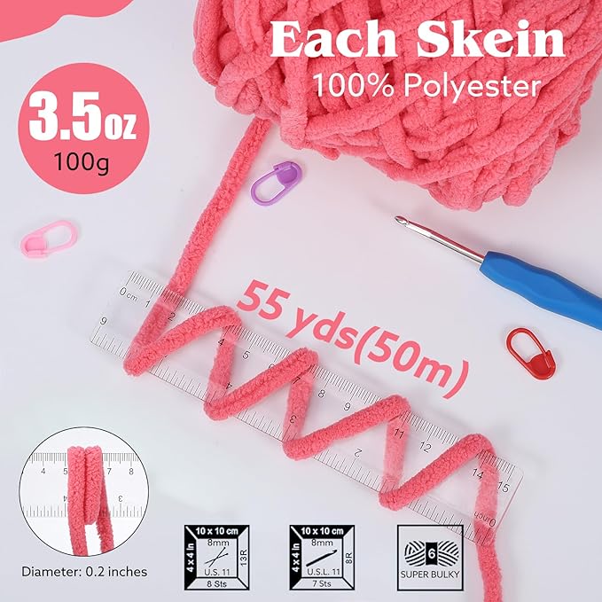 WSICSE Chenille Fluffy Yarn, Thick Chunky Blanket Yarn for Crocheting Plush Soft Yarn for Knitting Blanket DIY Christmas Gifts, 6×100g Each 3.5 oz 55 Yards(White/Pink)