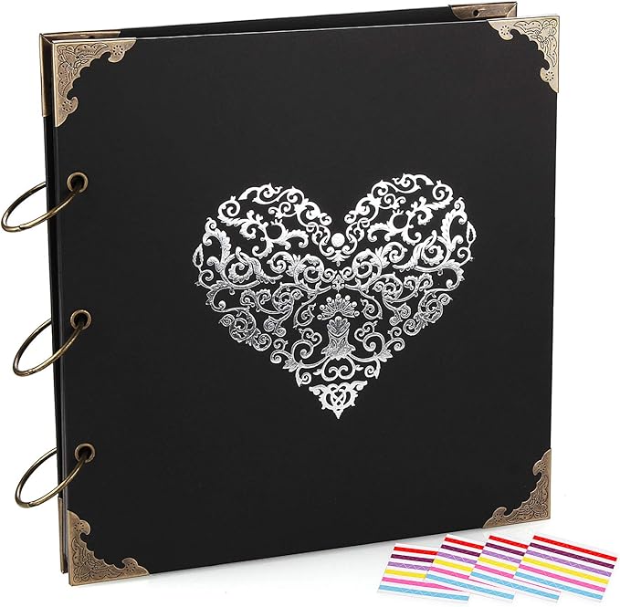 ADVcer Photo Album DIY Scrapbook, 10x10 inch 50 Pages Double Sided, Vintage Hardcover Three-Ring Binder Picture Booth Albums with 6 Colors 408pcs Self Adhesive Photos Corners for Memory Keep (Black)