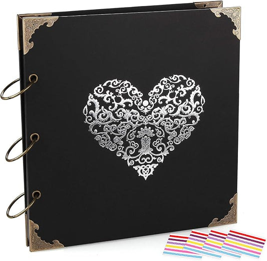 ADVcer Photo Album DIY Scrapbook, 10x10 inch 50 Pages Double Sided, Vintage Hardcover Three-Ring Binder Picture Booth Albums with 6 Colors 408pcs Self Adhesive Photos Corners for Memory Keep (Black)