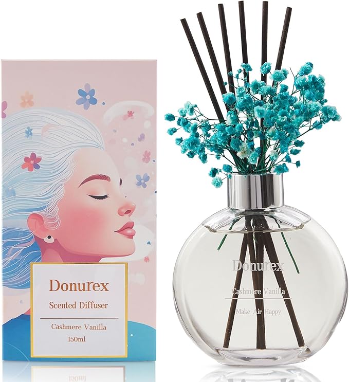 Donurex Flower Reed Diffuser Set 5.07oz Cashmere Vanilla Scent Diffuser with Sticks Home Fragrance Reed Diffuser for Bathroom Shelf Decor