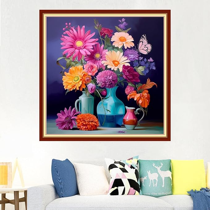 Foxdiviy Stamped Cross Stitch Kits Full Range of Embroidery Needlework Starter Kits for Beginners Adults 11CT Embroidery Patterns Art Crafts DIY Needlepoint Kits-Flower vase 18x18 inch