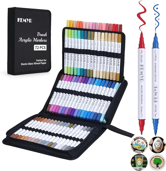 KEMYR 72 Colors Brush & Fine Tip Acrylic Paint Pens, Dual Tip Acrylic Paint Markers for Paper, Wood, Canvas, Stone, Rock, Glass, Fabric, DIY, Ceramic, Art Supplies for Adults Drawing