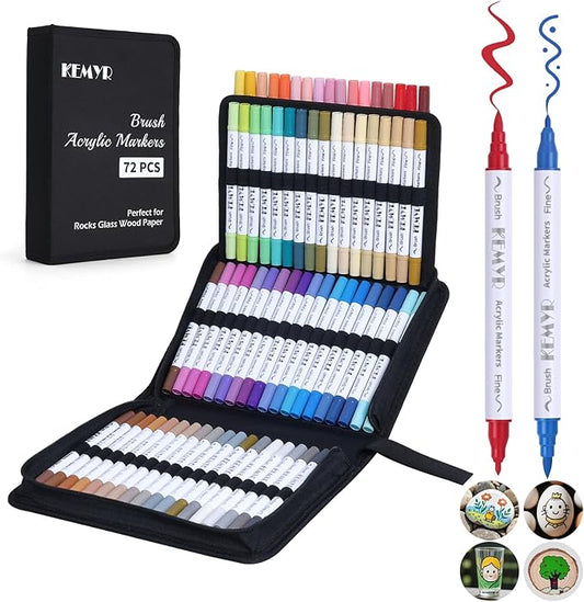 KEMYR 72 Colors Brush & Fine Tip Acrylic Paint Pens, Dual Tip Acrylic Paint Markers for Paper, Wood, Canvas, Stone, Rock, Glass, Fabric, DIY, Ceramic, Art Supplies for Adults Drawing