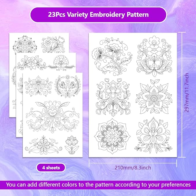 ORIGACH 4 Sheets Large Water Soluble Embroidery Patterns Stabilizers - Pre-Printed Scandinavian Floral Designs - Stick & Stitch Embroidery Paper for Hand Sewing Lovers