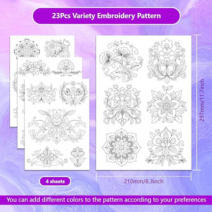 ORIGACH 4 Sheets Large Water Soluble Embroidery Patterns Stabilizers - Pre-Printed Scandinavian Floral Designs - Stick & Stitch Embroidery Paper for Hand Sewing Lovers
