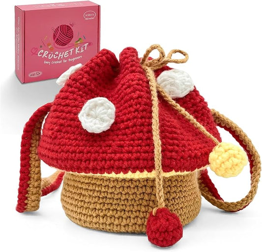 SGIBYN Crochet Kit for Beginners with Step-by-Step Video Tutorials,Cute Mushroom Crossbody Purse Bag Starter Crochet Kit for Women Knitting Kits Learn to Crochet Set (Mushroom Bag)