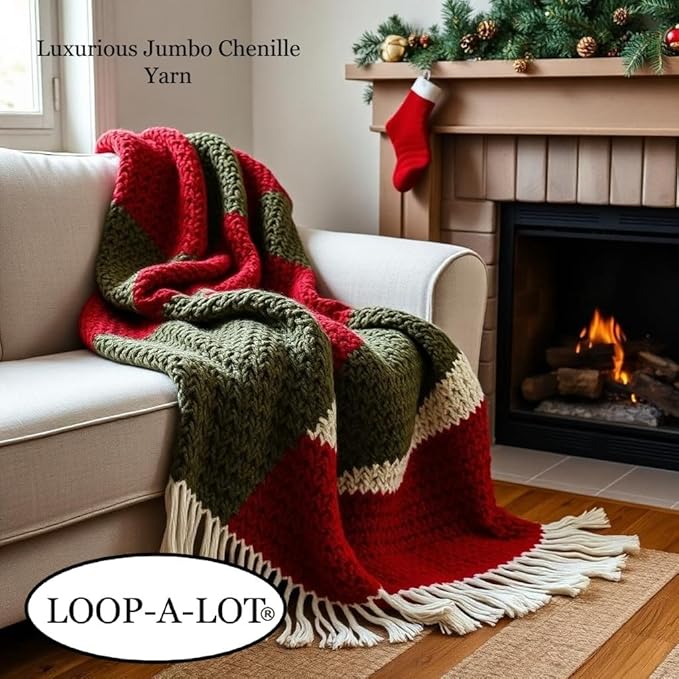 4- Pack Chunky Chenille Christmas Bundle Red and Dark Moss Green for Crocheting Handknitting Big Bulky Fluffy Soft Chunky Beginners Blanket Jumbo Thick Yarn DIY Crafts Décorations