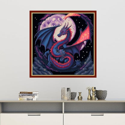 Findvoor Stamped Cross Stitch Kits for Beginners Full Range of Cross Stitching Embroidery Pattern for Adults, 11CT DIY Needlepoint Embroidery Starter Kits-Dragon Moon 17.7x17.7 inch