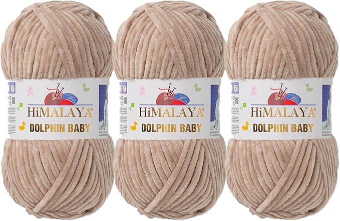 3 Skein/Pack Himalaya Dolphin Baby Chenille Yarn, Each Ball 100 gr (3.5 oz), 120 m (132 Yards), 100% Polyester, Super Bulky Baby Blanket Velvet Amigurumi Yarn, 80317 - Beige