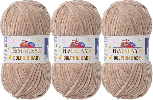 3 Skein/Pack Himalaya Dolphin Baby Chenille Yarn, Each Ball 100 gr (3.5 oz), 120 m (132 Yards), 100% Polyester, Super Bulky Baby Blanket Velvet Amigurumi Yarn, 80317 - Beige