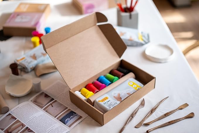 Jovi - DIY Air Dry Kit & Letter Stamp - Pottery Kit for Adults, Making Personalized Clay Pieces with White Air Dry Clay + Paints, Sculpting Tools, Step-by-Step Guide and Video Tutorial, Starter Set