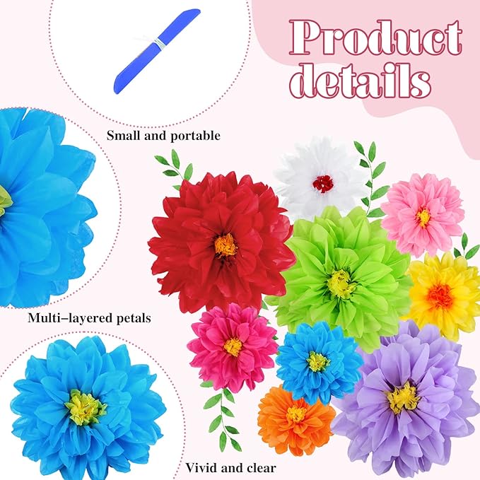 27 Pcs Mexican Flowers Party Decoration Fiesta Tissue Paper Fiesta Colorful Crepe Paper Flowers for Floral Backdrop Wedding Birthday Craft Wall 8" 10" 12"