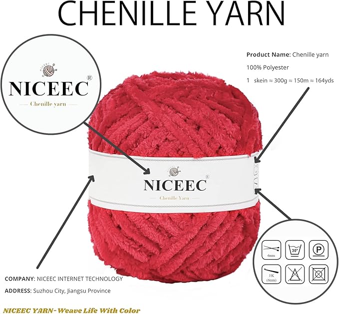 NICEEC 300g Soft Chenille Yarn Blanket Velvet Yarn for Knitting, Crochet, Weaving DIY Craft Total Length 150m (164yds)_Red