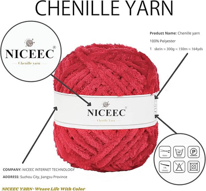 NICEEC 300g Soft Chenille Yarn Blanket Velvet Yarn for Knitting, Crochet, Weaving DIY Craft Total Length 150m (164yds)_Red