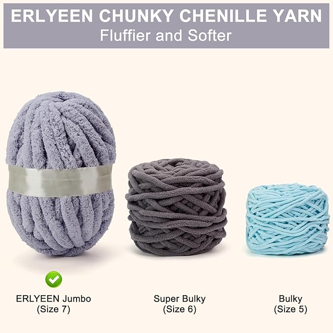 ERLYEEN Chenille Chunky Yarn Super Bulky Soft Thick Fluffy Jumbo Giant Washable Polyester Big Yarn DIY for Arm Knit Blanket Cushion Bed Sofa Home Decor,Light Grey,2.2LB