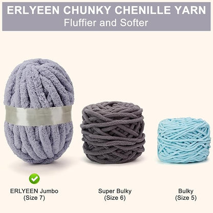 ERLYEEN Chenille Chunky Yarn Super Bulky Soft Thick Fluffy Jumbo Giant Washable Polyester Big Yarn DIY for Arm Knit Blanket Cushion Bed Sofa Home Decor,Light Grey,2.2LB