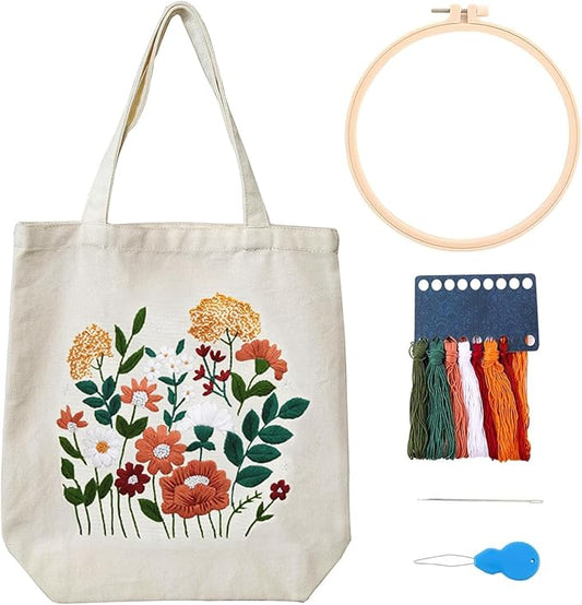 MAMUNU Canvas Tote Bag Embroidery Kit with Pattern for Beginners, Arts and DIY Crafts Kits for Adults, Include Instructions Embroidery Bag, Embroidery Hoops, Color Threads and Tool