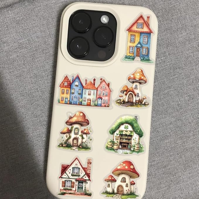 50PCS Fairy Tale Cottage Stickers – Waterproof Clear Stickers of Whimsical Fantasy Houses, Mushroom Homes & Vintage Storybook Buildings for Scrapbooking, Journaling, Art Crafts,Water Bottle, Laptop