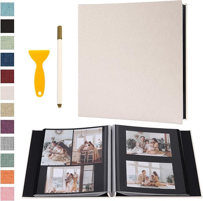 Photo Album Self Adhesive Pages Black Sticky Pages Large Scrapbook Linen Cover for 4x6 5x7 8x10 Pictures Album de Fotos Wedding Couples Baby Family Memory Book, 13.2x12.8 White 60 Pages