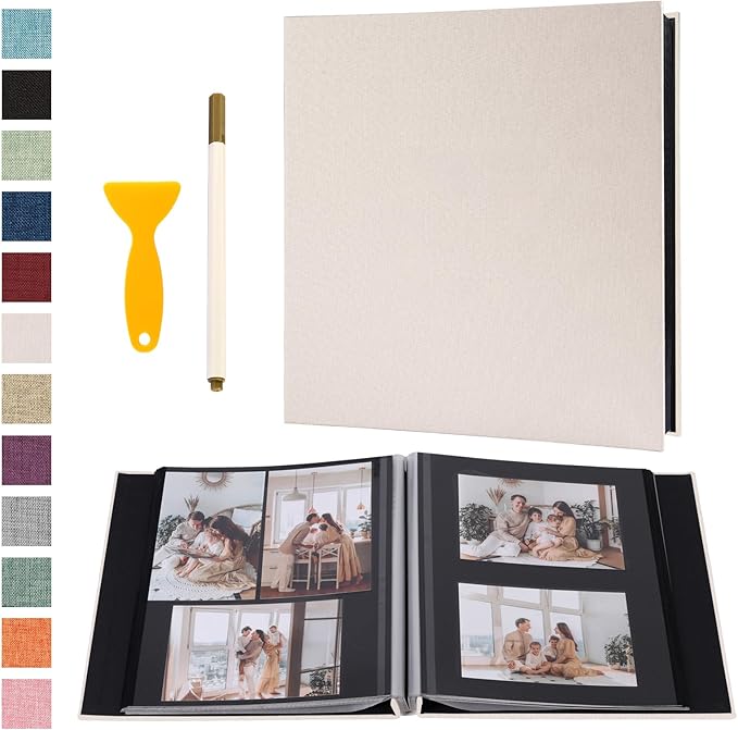 Photo Album Self Adhesive Pages Black Sticky Pages Large Scrapbook Linen Cover for 4x6 5x7 8x10 Pictures Album de Fotos Wedding Couples Baby Family Memory Book, 13.2x12.8 White 40 Pages