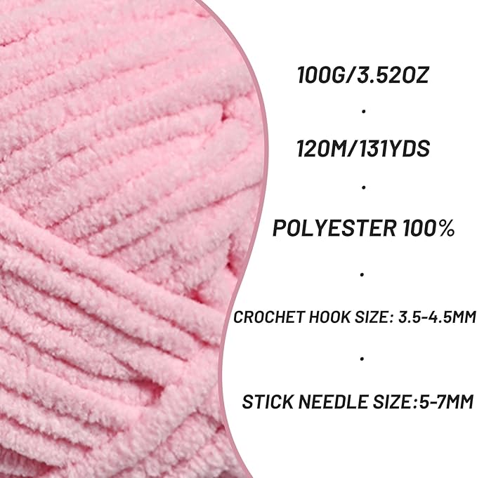 3 Pack Plush Chunky Chenille Yarn for Crocheting, Soft Fluffy Velvet Yarn for Crocheting, Fuzzy Baby Blanket Knitting Yarns, 300g/393yds Bulky Amigurumi Yarns（3 Pink）