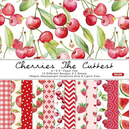 DESEACO 6x6 Berries & Blossoms Scrapbook Paper Pad | 24 Sheets (12 Designs) 160gsm Acid Free Cardstock | Strawberry, Cherry, Raspberry & Watermelon Patterns for Summer Crafts & Card Making