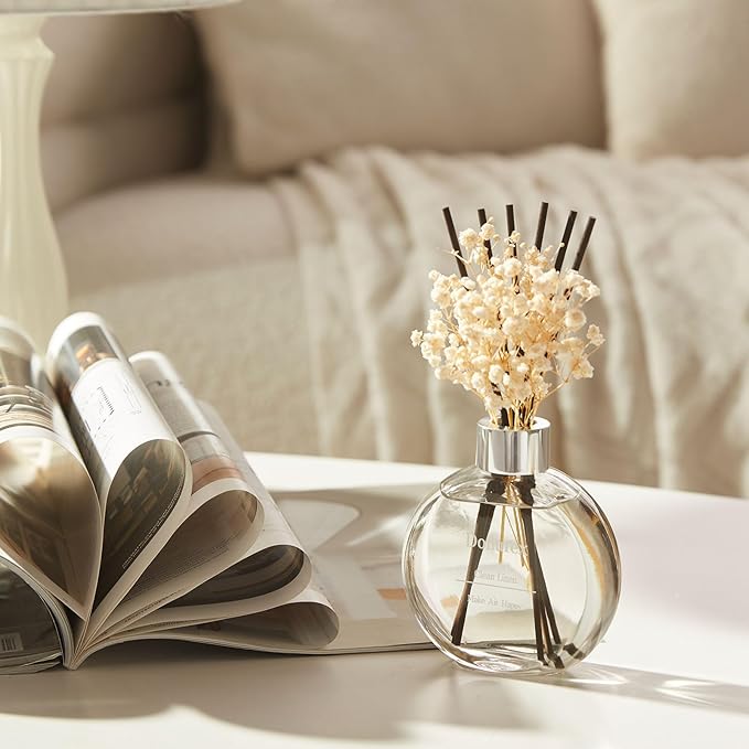 Donurex Flower Reed Diffuser Set 5.07oz Clean Linen Scent Diffuser with Sticks Home Fragrance Reed Diffuser for Bathroom Shelf Decor
