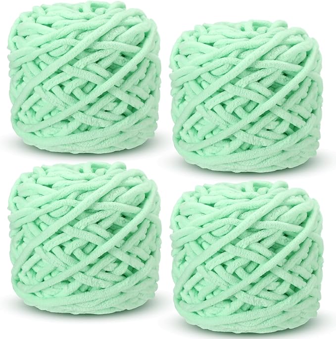 Buryeah 4 Pack Chunky Chenille Yarn for Crocheting Soft Thick Fluffy Yarn for Hand Knitting Bulky Velvet Blanket Plush for Weaving DIY Crafts Each 3.5 oz 55 Yards (Light Aqua)