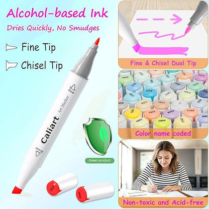 Caliart Art Markers, 41 Colors Alcohol Based Markers Pen Set Colored Dual Tip Fine & Chisel Permanent for Adults Coloring Book Drawing Illustration Sketch Highlighters Card Making