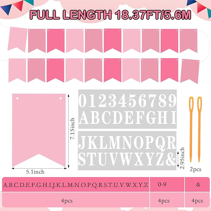 Mooliwe 171 Pcs DIY Custom Banner Kit Make Your Own Customizable Sign for Birthday Wedding Party Decoration Include 20 Paper Pennant 148 Letters and Numbers 1 Rope 2 Threading Device (Pink)