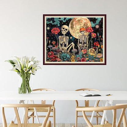 Joycasa Stamped Cross Stitch Kits for Beginners Full Range of Cross Stitching 11 CT Printed Cross Stitch Kit for Adults Cross-Stitch Patterns Needlepoint Kits-Moon Couple Skeleton 16x20 inchs