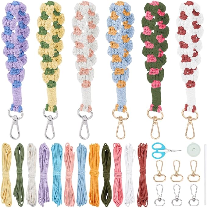 FREEBLOSS 6 Set Macrame Bow Wristlet Kit Boho Keychains DIY Macrame Kit with 60m Cotton Cord Beginners Bow Wrist Lanyard Keychain Bracelet for Charm