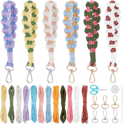 FREEBLOSS 6 Set Macrame Bow Wristlet Kit Boho Keychains DIY Macrame Kit with 60m Cotton Cord Beginners Bow Wrist Lanyard Keychain Bracelet for Charm