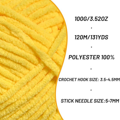 Plush Chunky Chenille Yarn for Crocheting Amigurumi, Soft Fluffy Velvet Yarn for Crocheting, Fuzzy Baby Blanket Knitting 100g/131yds Bulky（Yellow）
