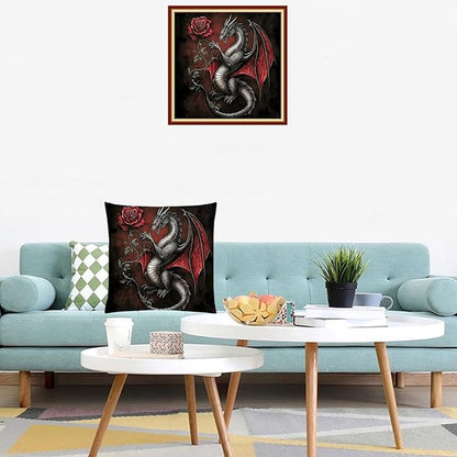 Lovxvouy Pillow Cross Stitch Kits for Adults Beginners-Preprinted Needlepoint Kit Stamped Crossstitching Kits 11CT Cross-Stitch Kit Stitches Kit Embroidery Kits-Rose Dragon 18x18 inchs