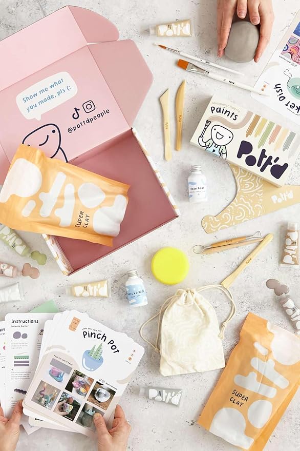 Pott'd Air Dry Clay for Adults. Beginners Home Pottery Kit for Adults. DIY Craft Kit for Adults. Kit Includes: Air-Dry Clay for Adults, Tools, Paints, Brushes, Sealant, How-to-Guides
