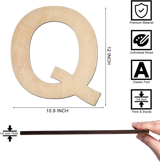 12 Inch Wooden Letter Q, 1/4 Inch Thick Large Unfinished Wood Letter for Home Wall Decor, DIY Crafts