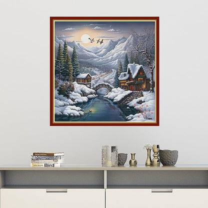 Findvoor Stamped Cross Stitch Kits for Beginners Full Range of Cross Stitching Embroidery Pattern for Adults, 11CT DIY Needlepoint Embroidery Starter Kits-Winter snowscape 17.7x17.7 inch