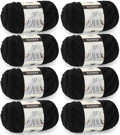 Chunky Chenille Yarn for Hand Knitting 8 Jumbo Pack Jumbo Chunky Yarn for Hand Soft Blanket Knitting, Bulky Thick Fluffy Yarn for Crocheting (Black)