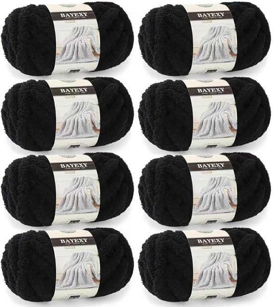 Chunky Chenille Yarn for Hand Knitting 8 Jumbo Pack Jumbo Chunky Yarn for Hand Soft Blanket Knitting, Bulky Thick Fluffy Yarn for Crocheting (Black)