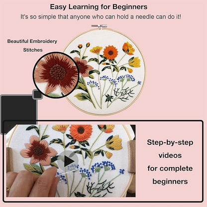 VIVIDOX 4 Sets Embroidery Kit for Beginners with Stitch Video, Flower Cross Stitch Kits for Adults, Starter, Hand Craft Lover Practice with Floral Stamped Pattern, 2 Hoops, 16 Needles, Scissors, Tools